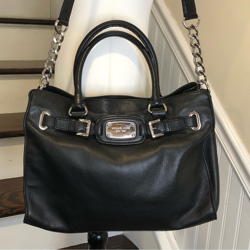 MICHAEL KORS Tumbled Black Leather Shoulder Bag Crossbody with Silver Hardware
